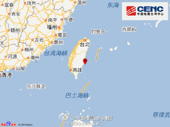 台湾台东县海域发生4.3级地震震源深度26千米