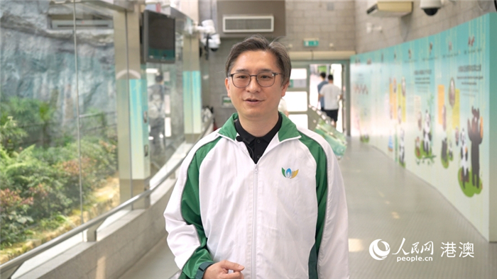 澳门特区政府市政署公园处处长吴绍伟介绍大熊猫馆的运维。人民网 吴宇扬扬摄